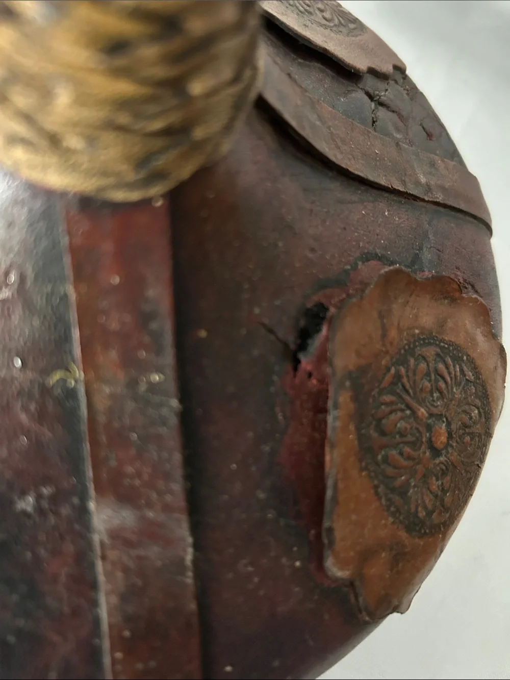 vintage Italian wine decanter covered in hand-tooled brown leather - no stopper